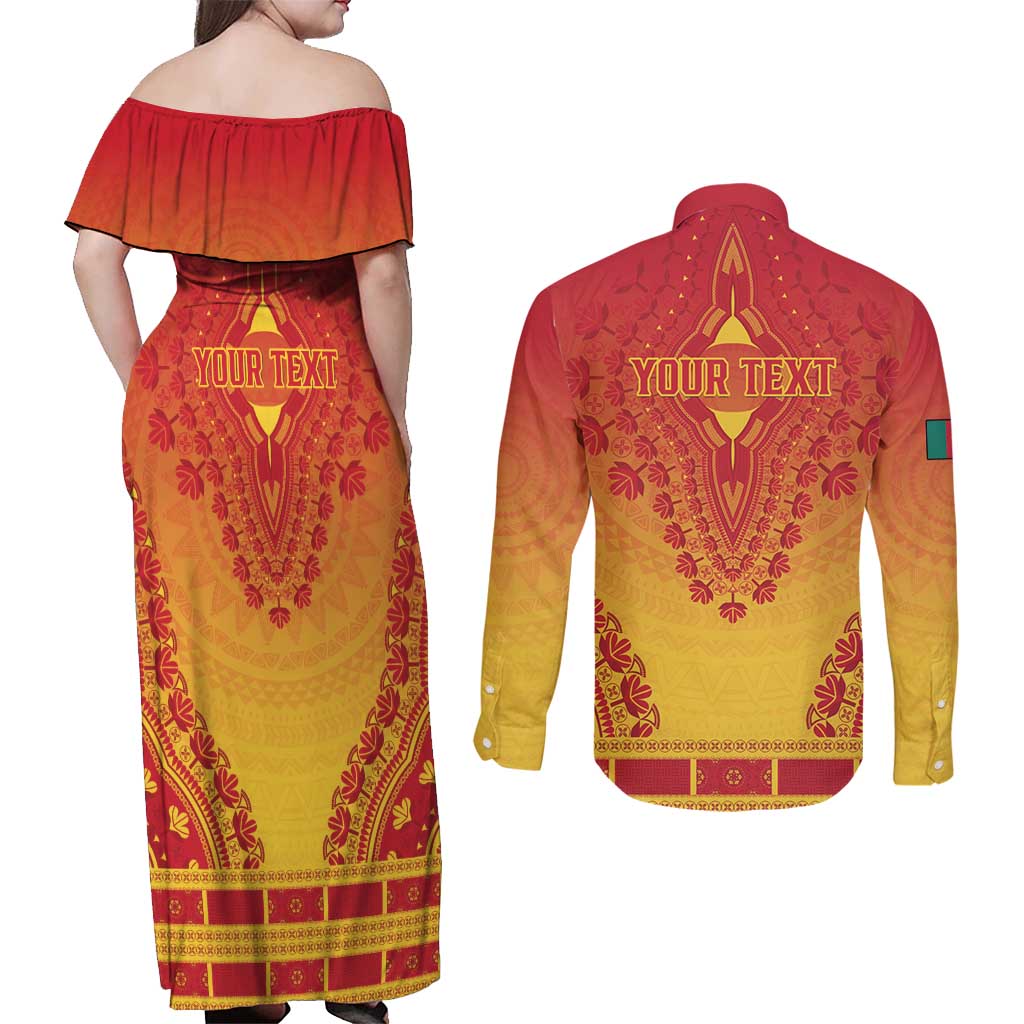 Personalized Cameroon African Dashiki Couples Matching Off Shoulder Maxi Dress and Long Sleeve Button Shirt - Wonder Print Shop