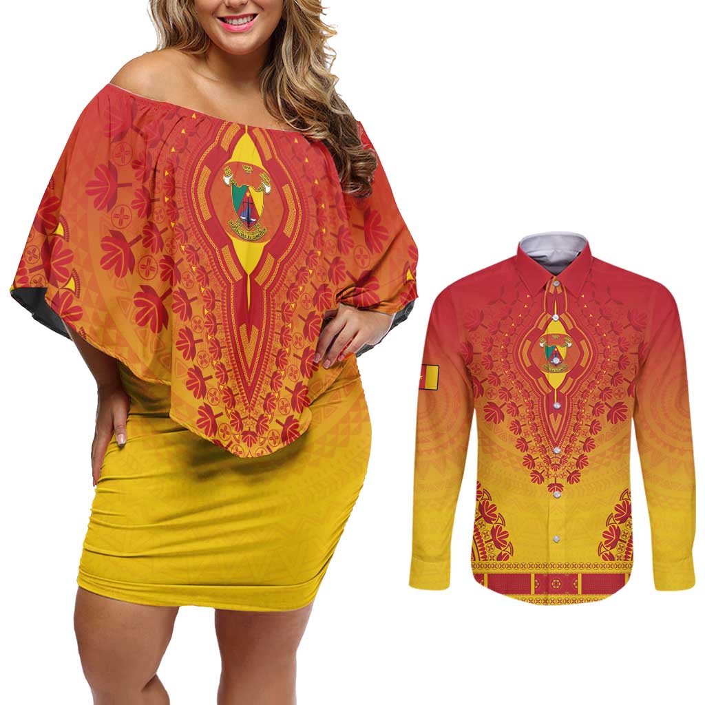 Personalized Cameroon African Dashiki Couples Matching Off Shoulder Short Dress and Long Sleeve Button Shirt - Wonder Print Shop