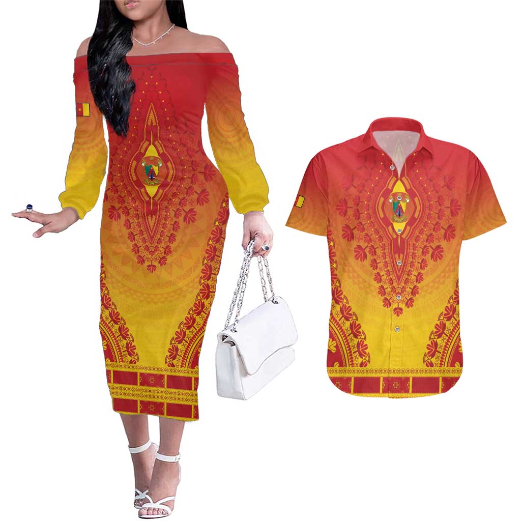 Personalized Cameroon African Dashiki Couples Matching Off The Shoulder Long Sleeve Dress and Hawaiian Shirt - Wonder Print Shop