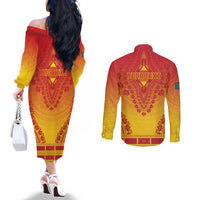 Personalized Cameroon African Dashiki Couples Matching Off The Shoulder Long Sleeve Dress and Long Sleeve Button Shirt - Wonder Print Shop