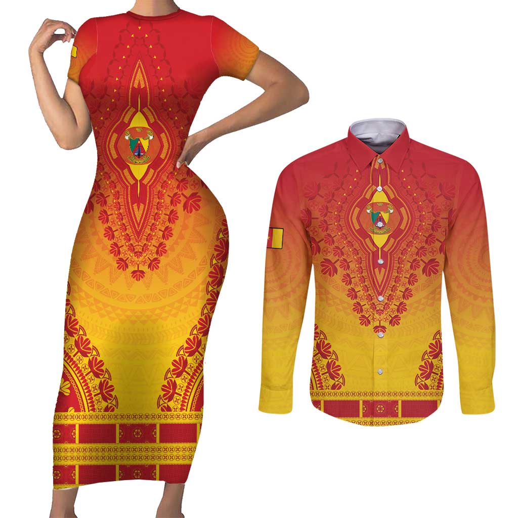 Personalized Cameroon African Dashiki Couples Matching Short Sleeve Bodycon Dress and Long Sleeve Button Shirt - Wonder Print Shop