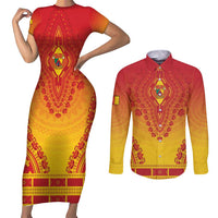 Personalized Cameroon African Dashiki Couples Matching Short Sleeve Bodycon Dress and Long Sleeve Button Shirt - Wonder Print Shop