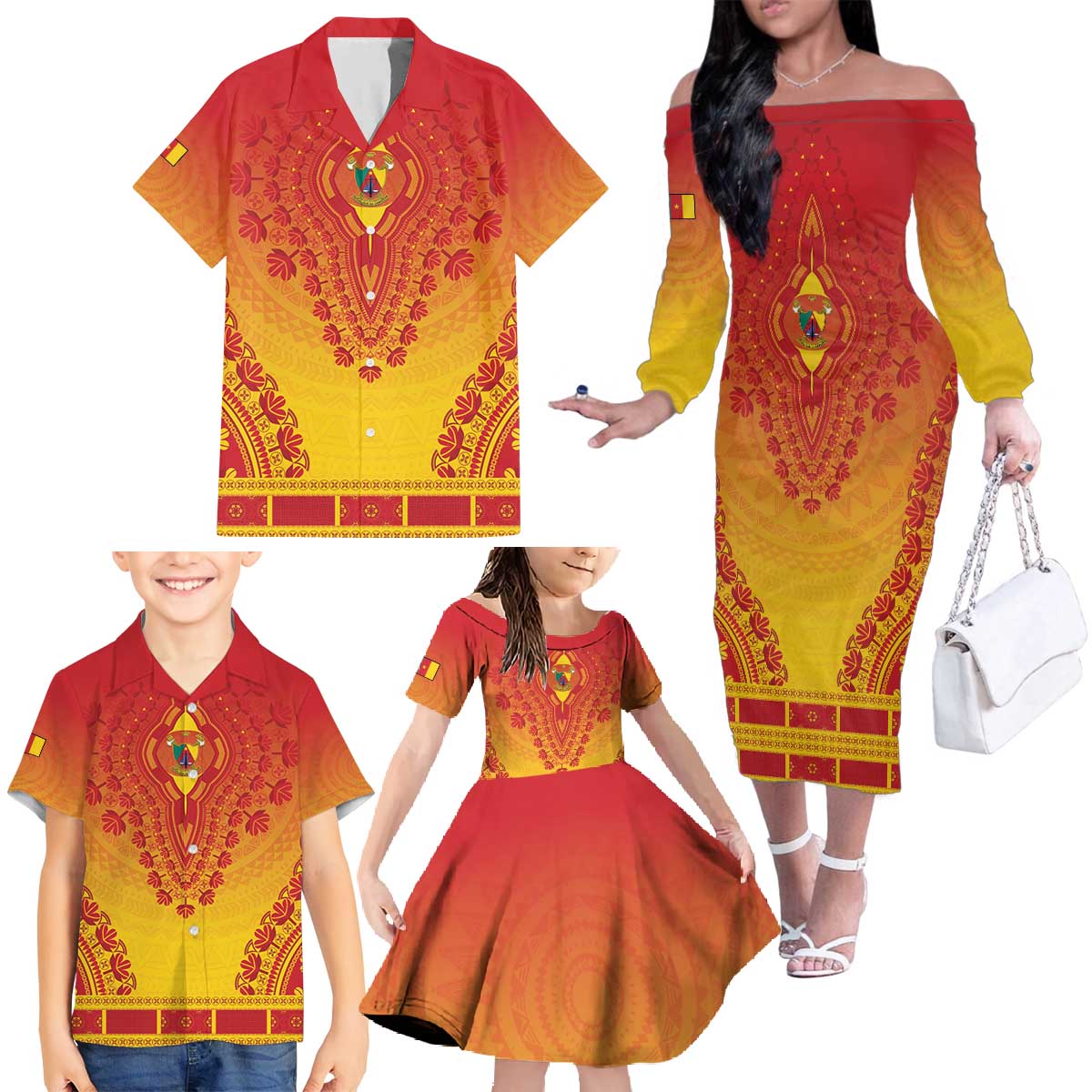 Personalized Cameroon African Dashiki Family Matching Off The Shoulder Long Sleeve Dress and Hawaiian Shirt - Wonder Print Shop