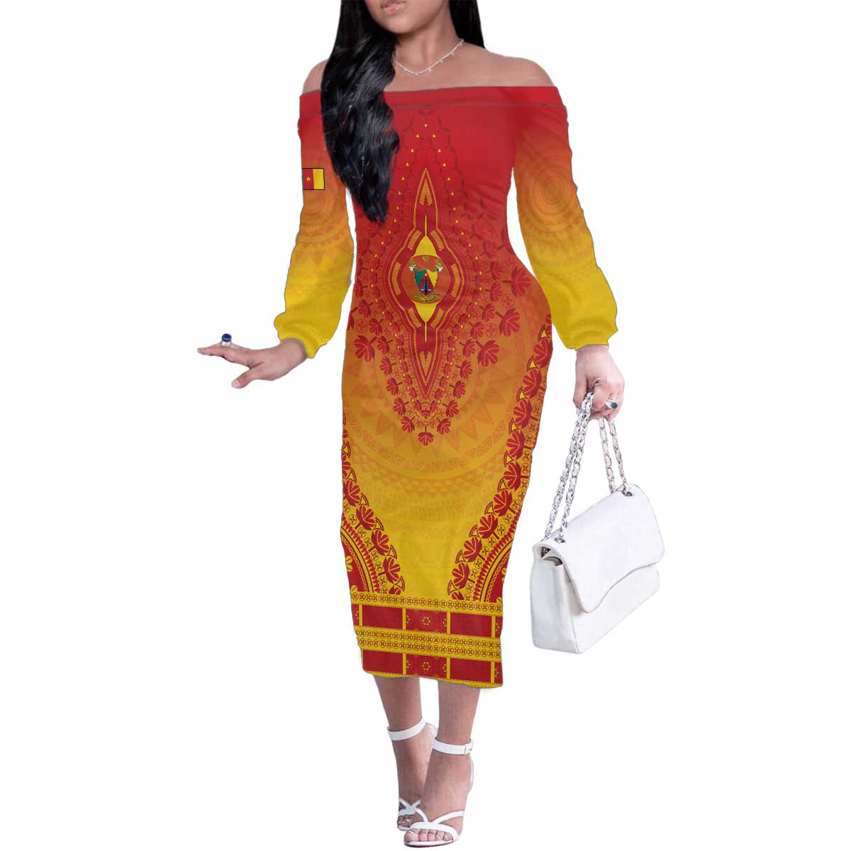 Personalized Cameroon African Dashiki Family Matching Off The Shoulder Long Sleeve Dress and Hawaiian Shirt - Wonder Print Shop
