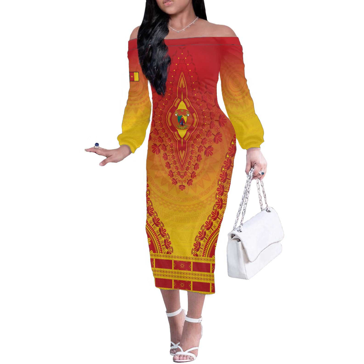 Personalized Cameroon African Dashiki Off The Shoulder Long Sleeve Dress - Wonder Print Shop