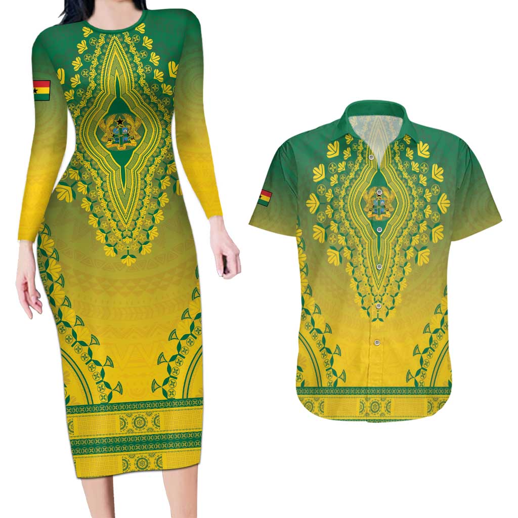 Personalized Ghana African Dashiki Couples Matching Long Sleeve Bodycon Dress and Hawaiian Shirt - Wonder Print Shop
