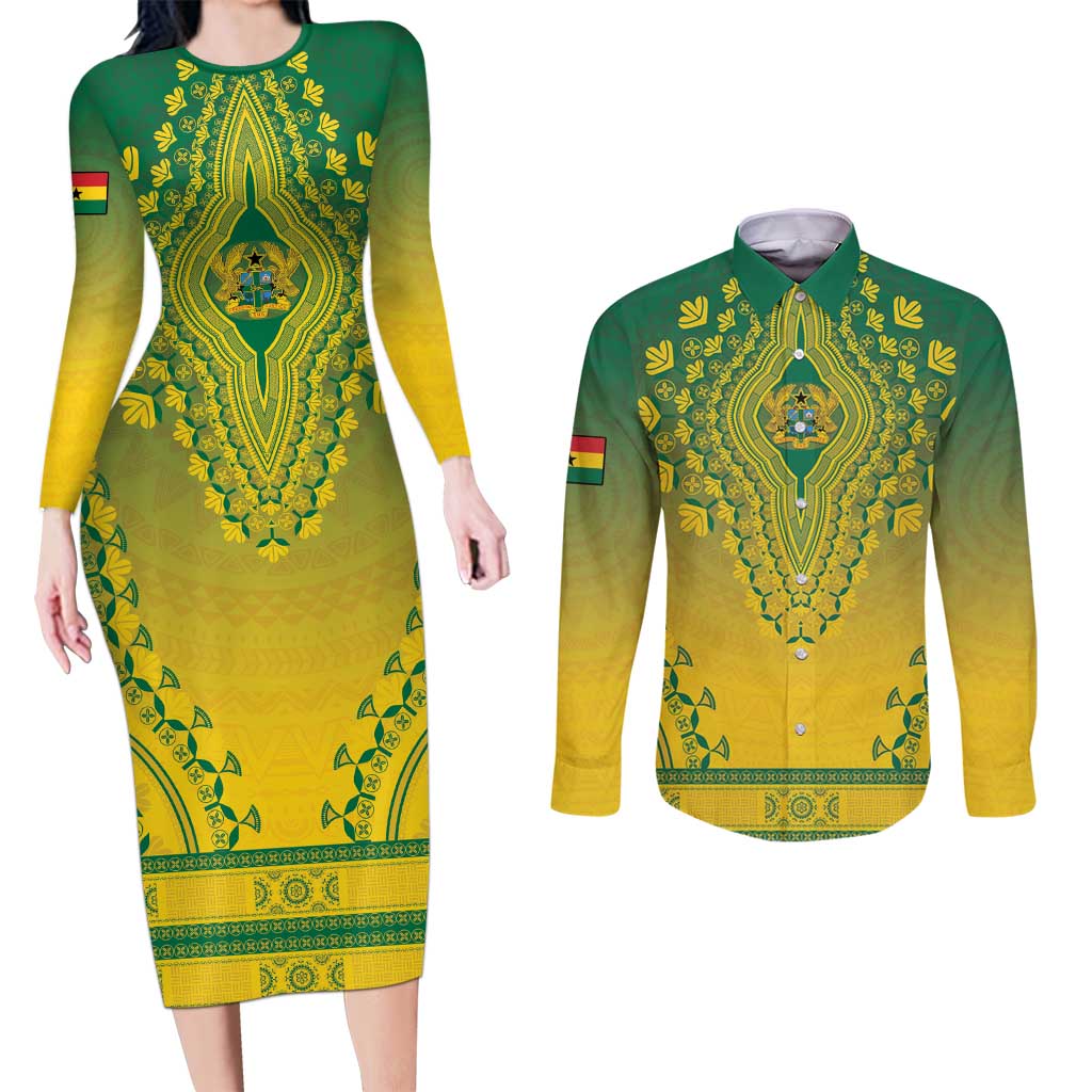 Personalized Ghana African Dashiki Couples Matching Long Sleeve Bodycon Dress and Long Sleeve Button Shirt - Wonder Print Shop