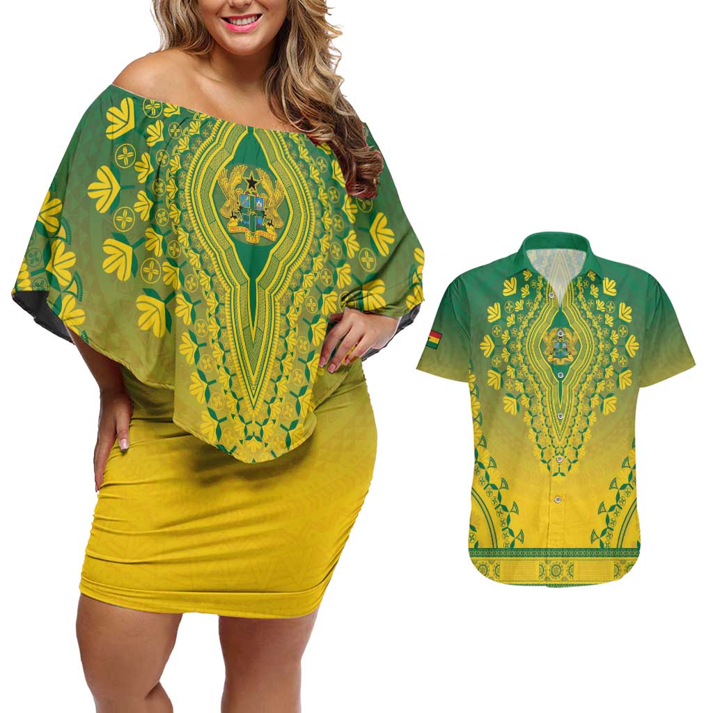 Personalized Ghana African Dashiki Couples Matching Off Shoulder Short Dress and Hawaiian Shirt - Wonder Print Shop