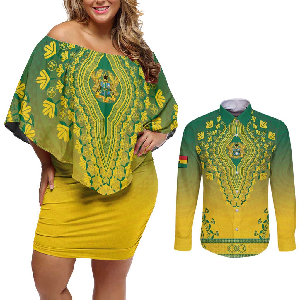 Personalized Ghana African Dashiki Couples Matching Off Shoulder Short Dress and Long Sleeve Button Shirt - Wonder Print Shop