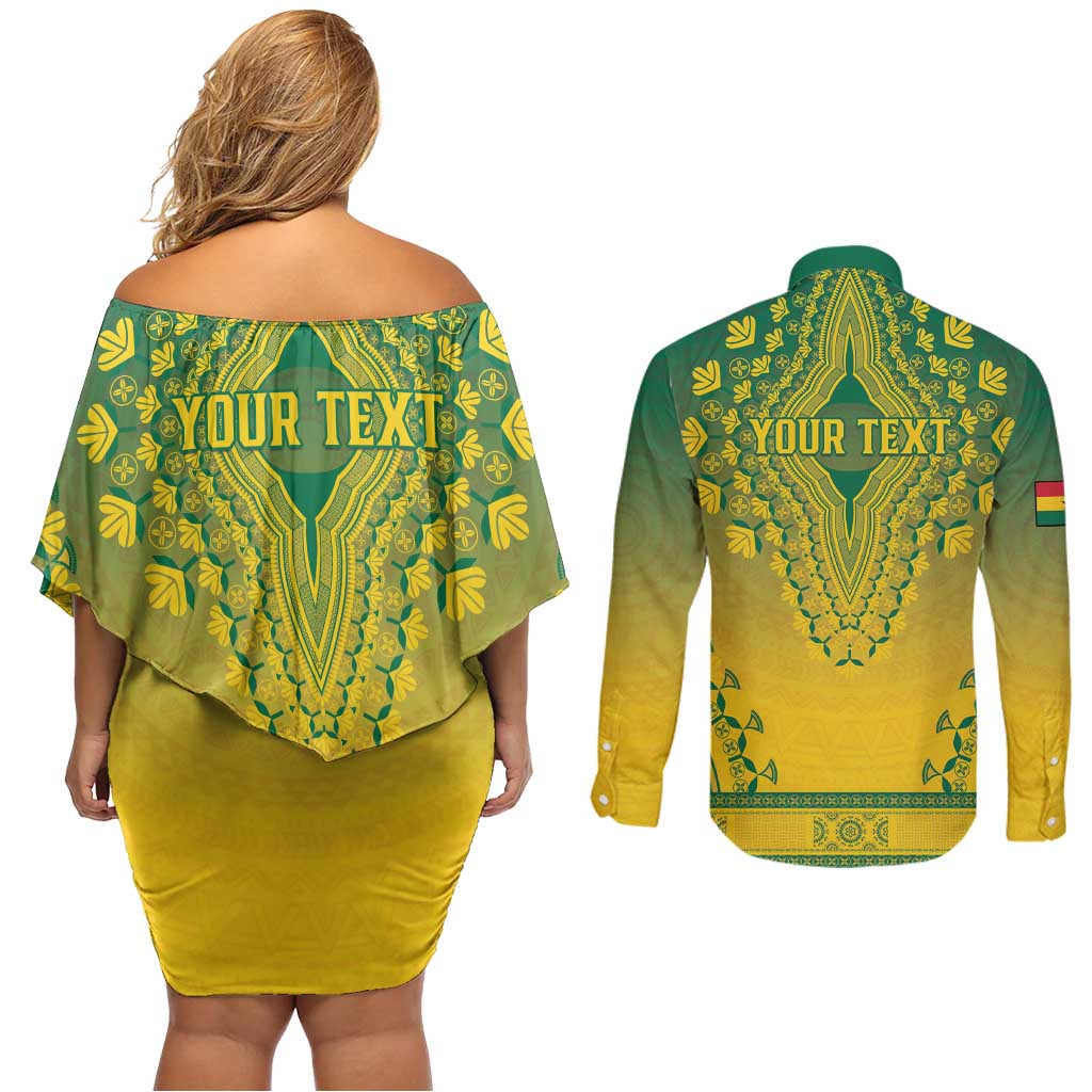 Personalized Ghana African Dashiki Couples Matching Off Shoulder Short Dress and Long Sleeve Button Shirt - Wonder Print Shop