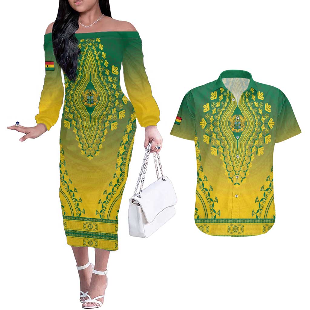 Personalized Ghana African Dashiki Couples Matching Off The Shoulder Long Sleeve Dress and Hawaiian Shirt - Wonder Print Shop