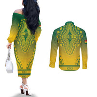 Personalized Ghana African Dashiki Couples Matching Off The Shoulder Long Sleeve Dress and Long Sleeve Button Shirt - Wonder Print Shop