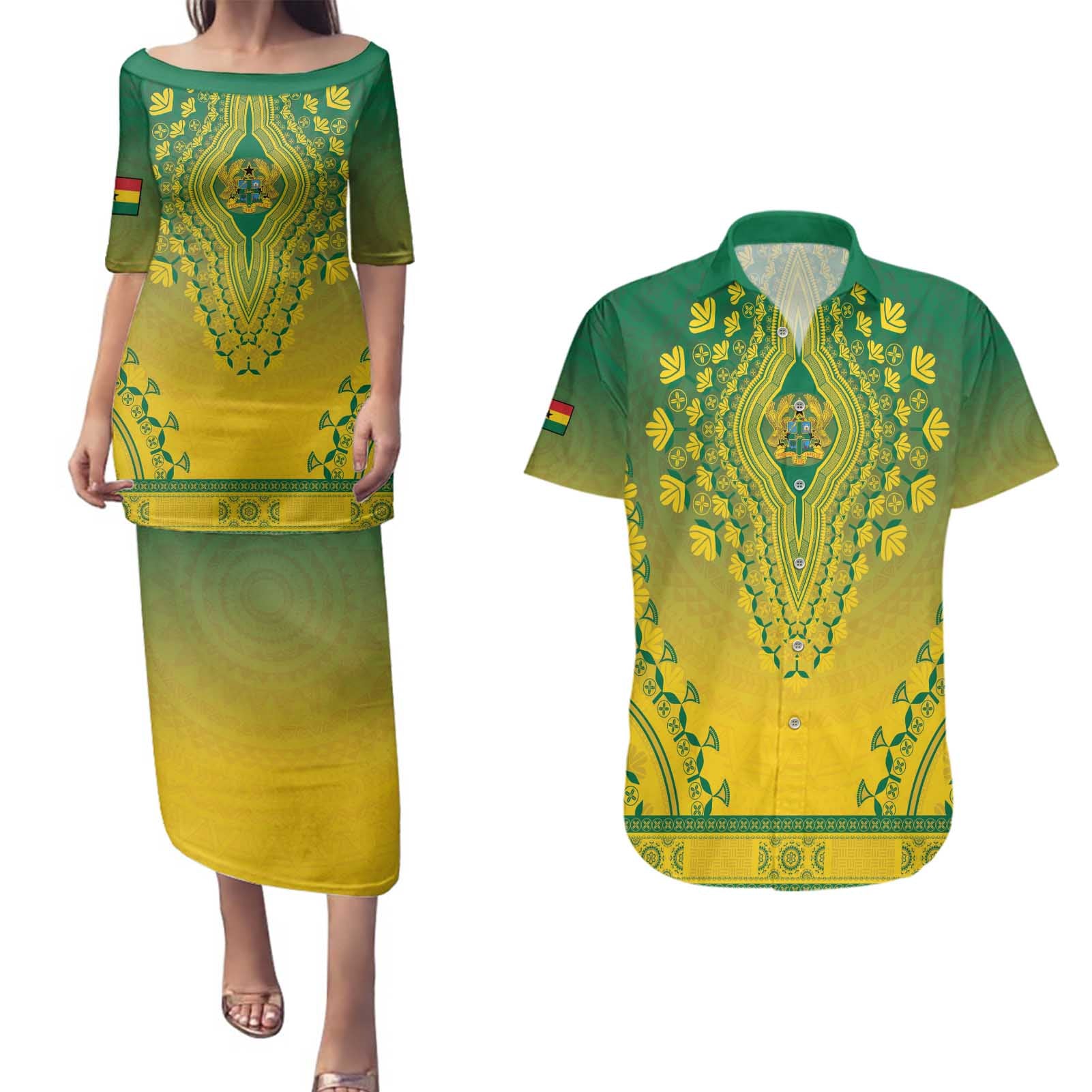 Personalized Ghana African Dashiki Couples Matching Puletasi and Hawaiian Shirt - Wonder Print Shop