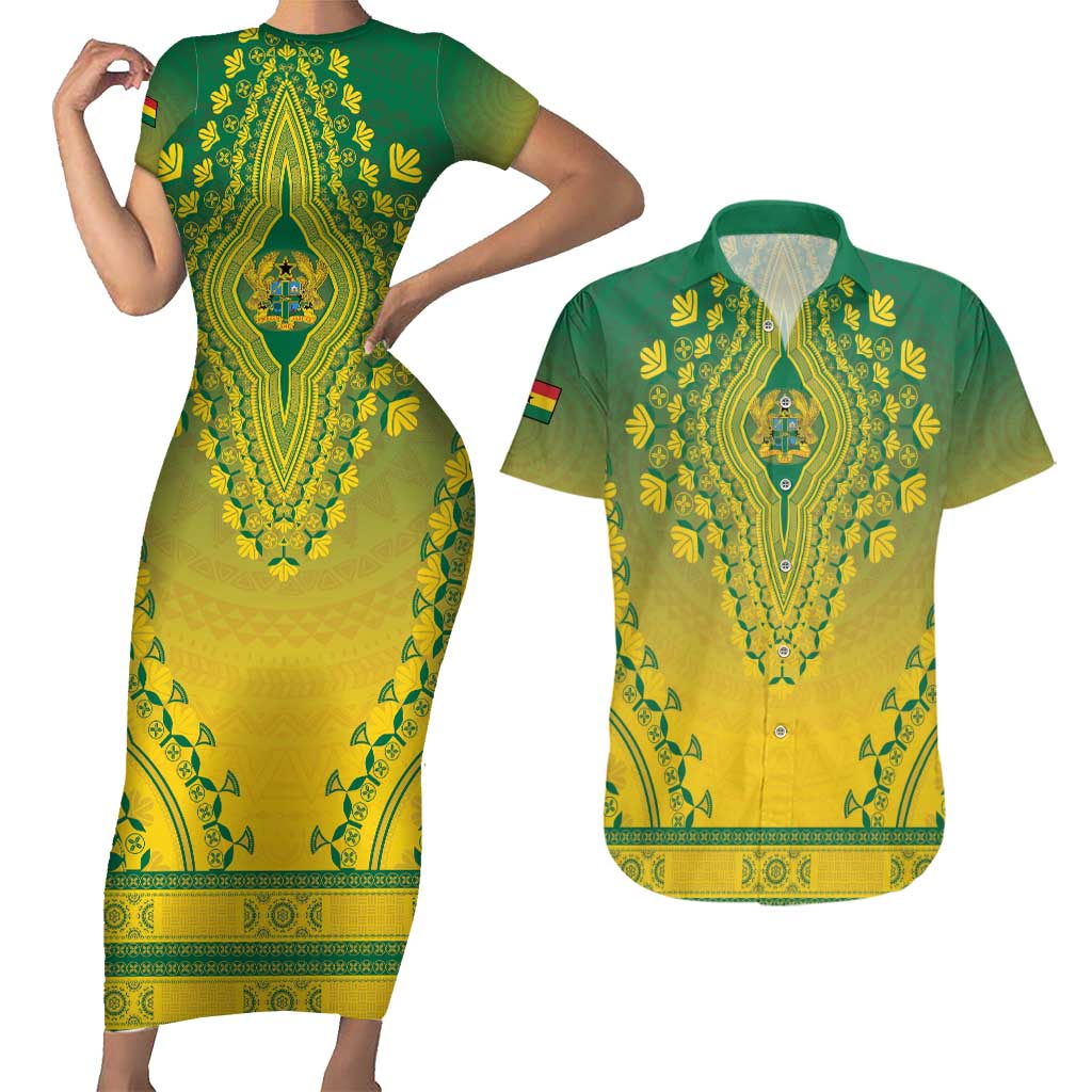 Personalized Ghana African Dashiki Couples Matching Short Sleeve Bodycon Dress and Hawaiian Shirt - Wonder Print Shop