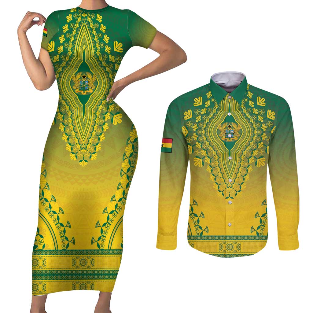 Personalized Ghana African Dashiki Couples Matching Short Sleeve Bodycon Dress and Long Sleeve Button Shirt - Wonder Print Shop