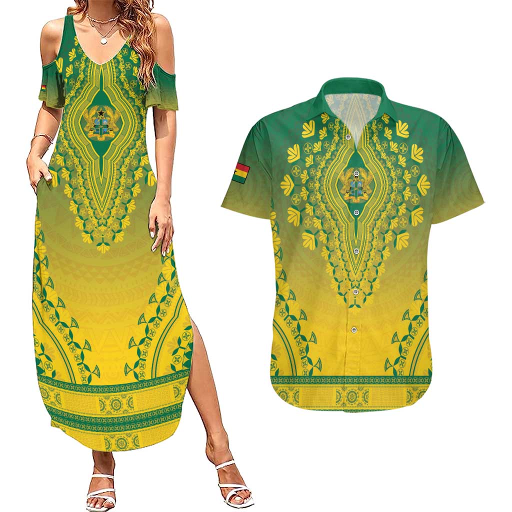 Personalized Ghana African Dashiki Couples Matching Summer Maxi Dress and Hawaiian Shirt - Wonder Print Shop