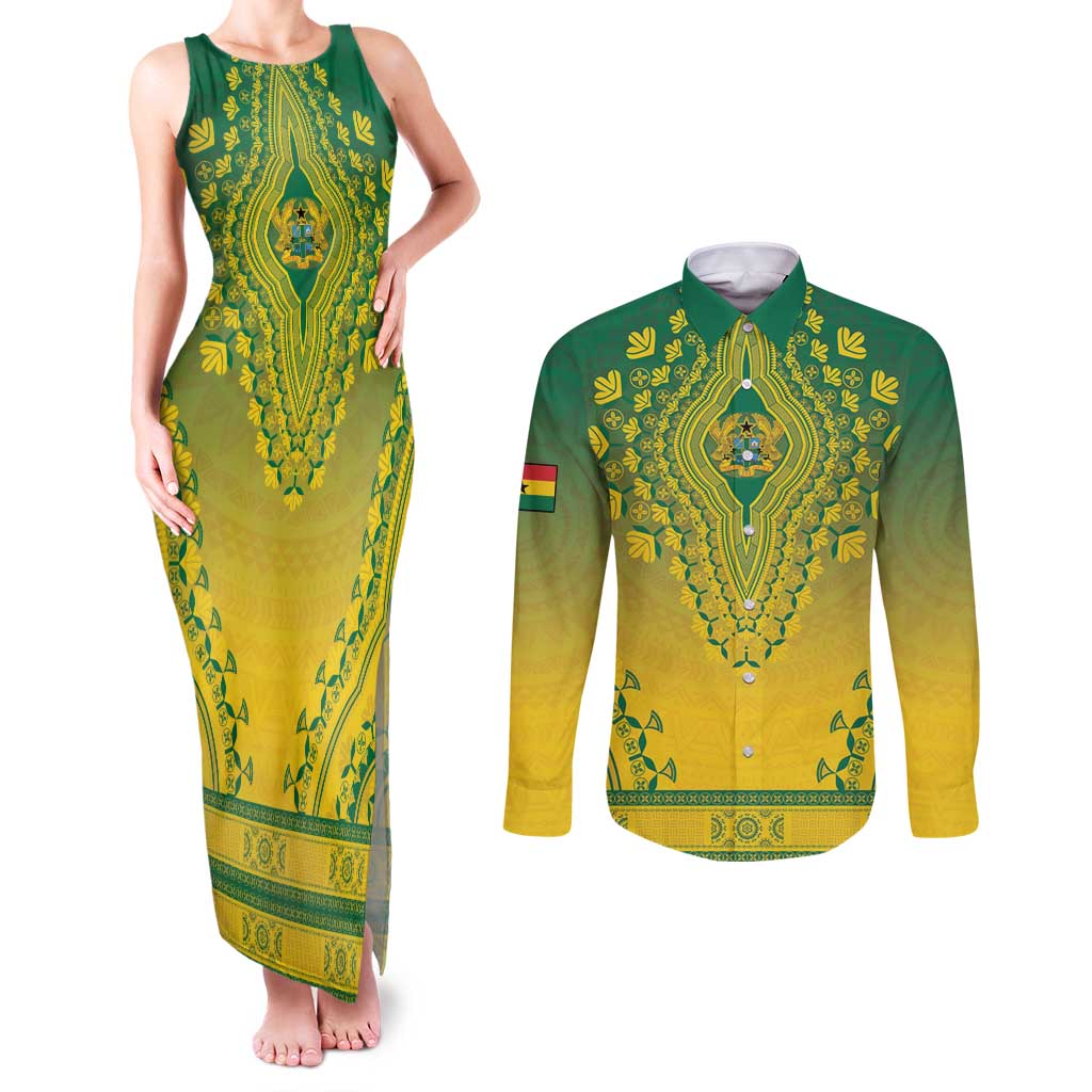 Personalized Ghana African Dashiki Couples Matching Tank Maxi Dress and Long Sleeve Button Shirt - Wonder Print Shop