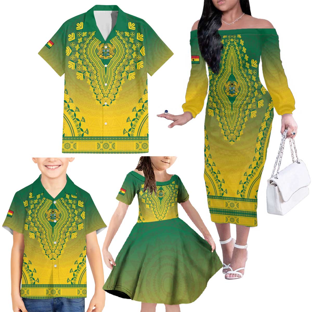 Personalized Ghana African Dashiki Family Matching Off The Shoulder Long Sleeve Dress and Hawaiian Shirt - Wonder Print Shop