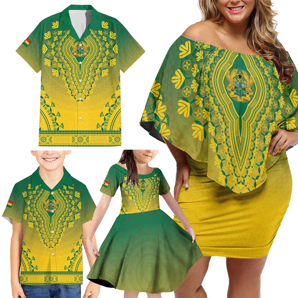 Personalized Ghana African Dashiki Family Matching Off Shoulder Short Dress and Hawaiian Shirt - Wonder Print Shop