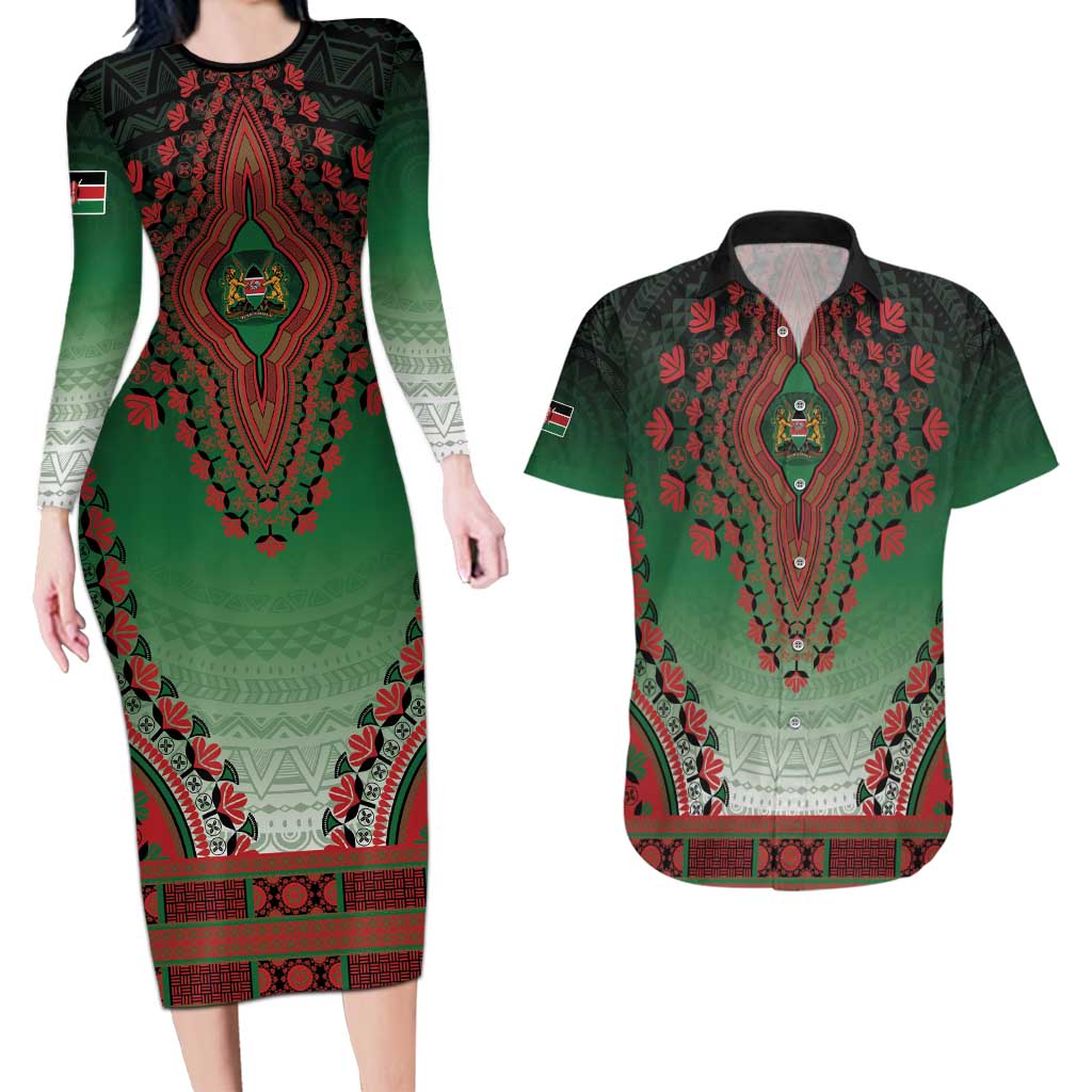 Personalized Kenya African Dashiki Couples Matching Long Sleeve Bodycon Dress and Hawaiian Shirt - Wonder Print Shop