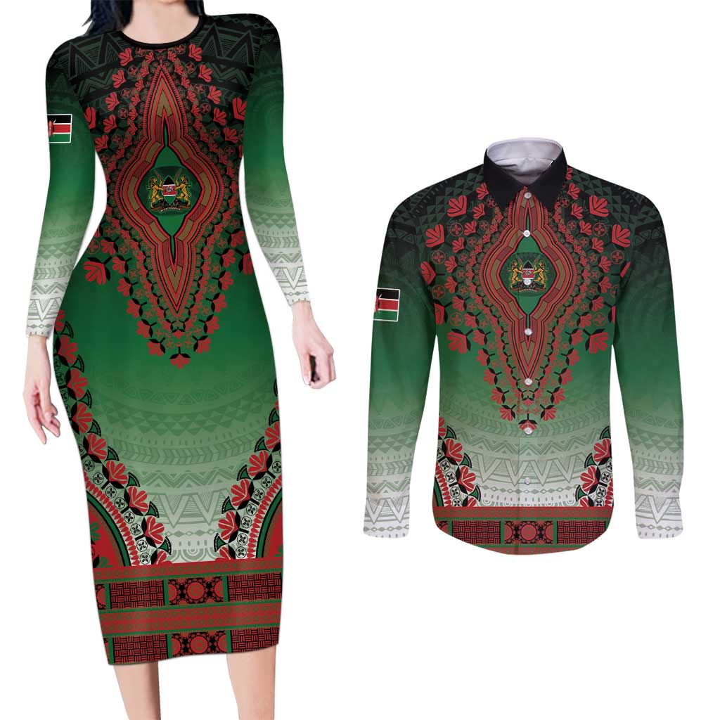 Personalized Kenya African Dashiki Couples Matching Long Sleeve Bodycon Dress and Long Sleeve Button Shirt - Wonder Print Shop