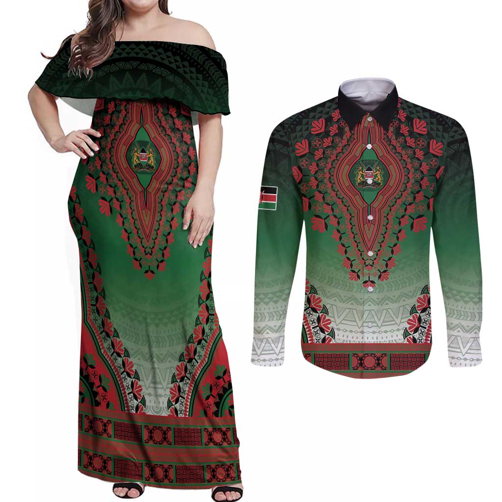 Personalized Kenya African Dashiki Couples Matching Off Shoulder Maxi Dress and Long Sleeve Button Shirt - Wonder Print Shop