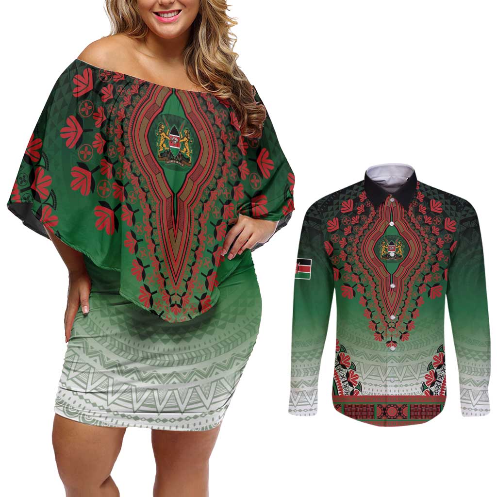 Personalized Kenya African Dashiki Couples Matching Off Shoulder Short Dress and Long Sleeve Button Shirt - Wonder Print Shop