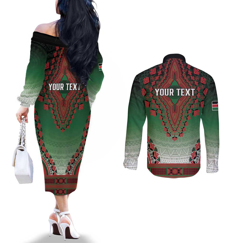 Personalized Kenya African Dashiki Couples Matching Off The Shoulder Long Sleeve Dress and Long Sleeve Button Shirt - Wonder Print Shop