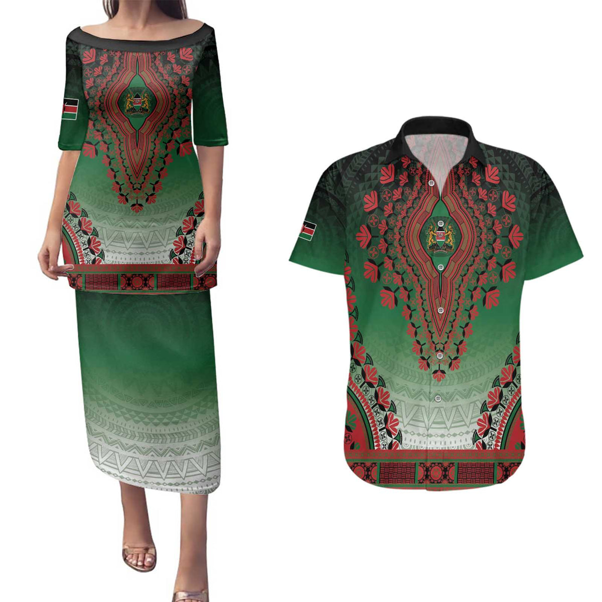 Personalized Kenya African Dashiki Couples Matching Puletasi and Hawaiian Shirt - Wonder Print Shop