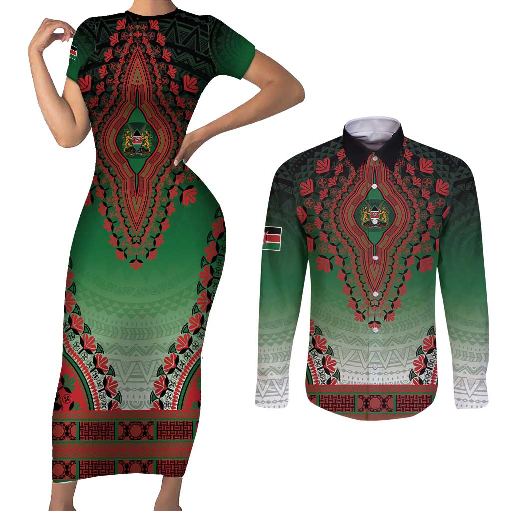 Personalized Kenya African Dashiki Couples Matching Short Sleeve Bodycon Dress and Long Sleeve Button Shirt - Wonder Print Shop