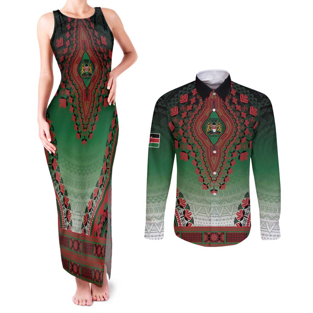 Personalized Kenya African Dashiki Couples Matching Tank Maxi Dress and Long Sleeve Button Shirt - Wonder Print Shop