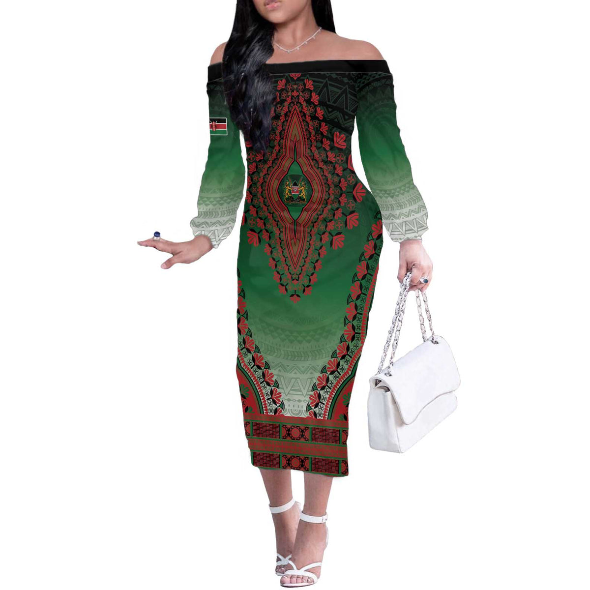 Personalized Kenya African Dashiki Off The Shoulder Long Sleeve Dress - Wonder Print Shop