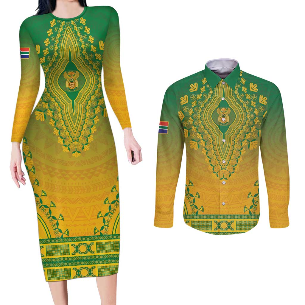 Personalized South Africa African Dashiki Couples Matching Long Sleeve Bodycon Dress and Long Sleeve Button Shirt - Wonder Print Shop