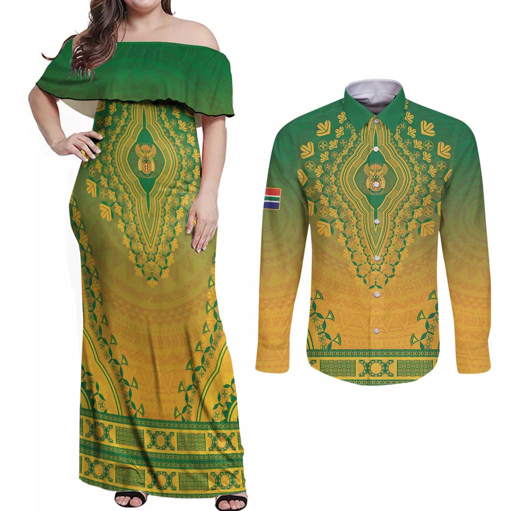Personalized South Africa African Dashiki Couples Matching Off Shoulder Maxi Dress and Long Sleeve Button Shirt - Wonder Print Shop