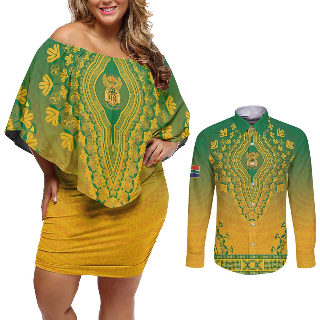 Personalized South Africa African Dashiki Couples Matching Off Shoulder Short Dress and Long Sleeve Button Shirt - Wonder Print Shop