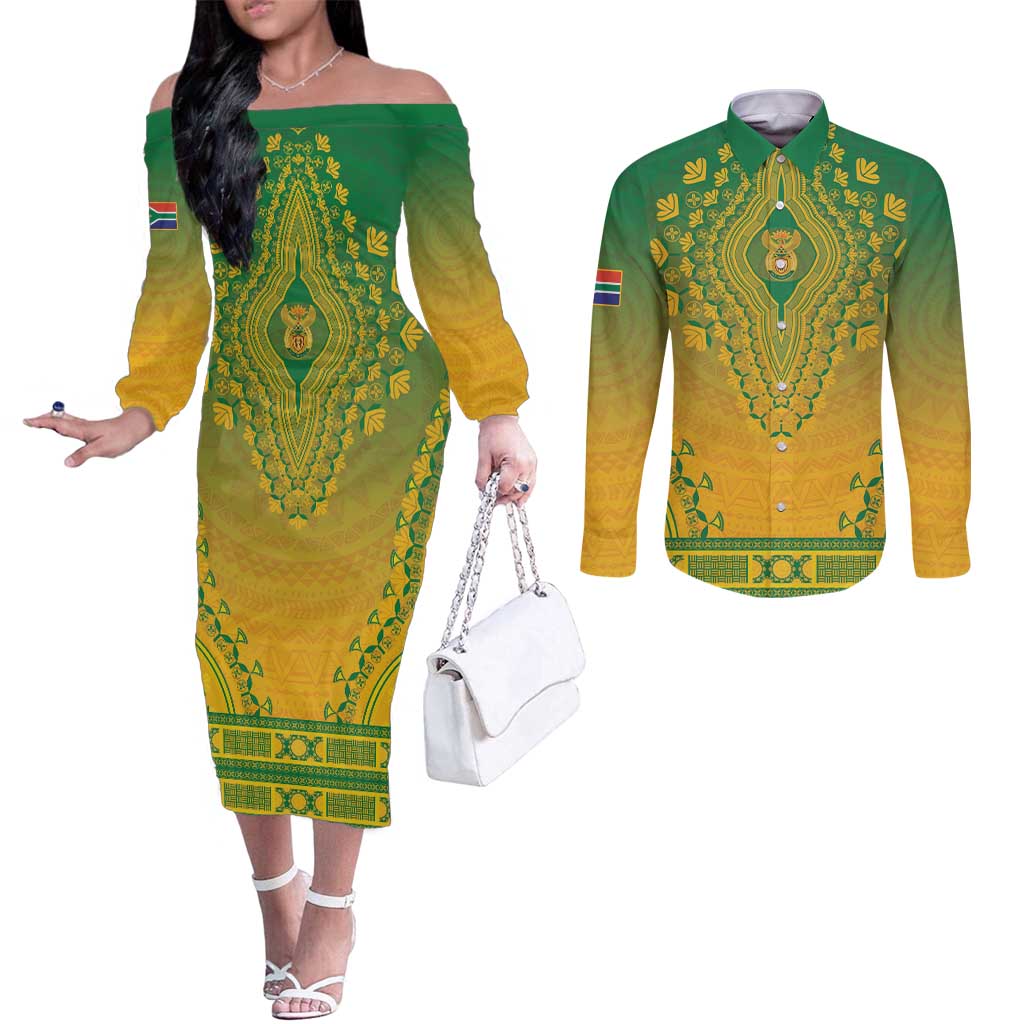 Personalized South Africa African Dashiki Couples Matching Off The Shoulder Long Sleeve Dress and Long Sleeve Button Shirt - Wonder Print Shop