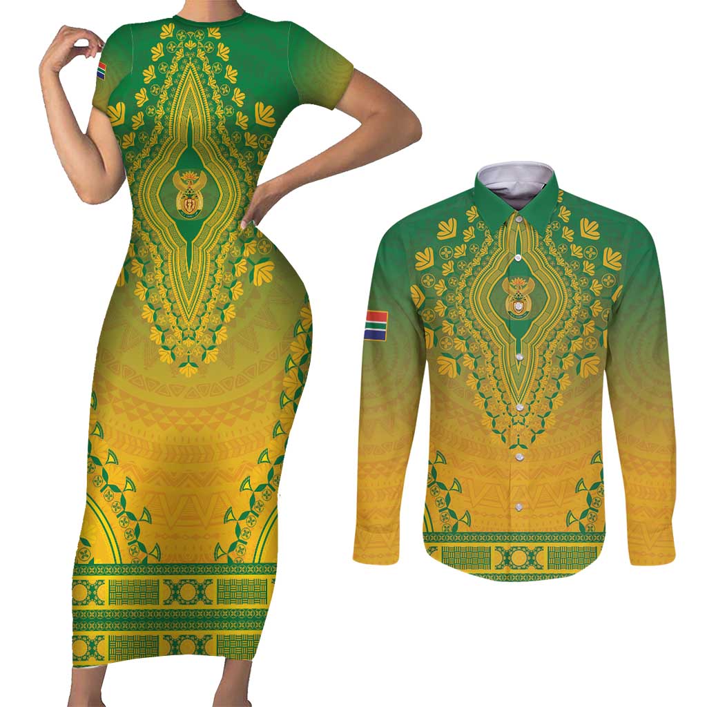 Personalized South Africa African Dashiki Couples Matching Short Sleeve Bodycon Dress and Long Sleeve Button Shirt - Wonder Print Shop