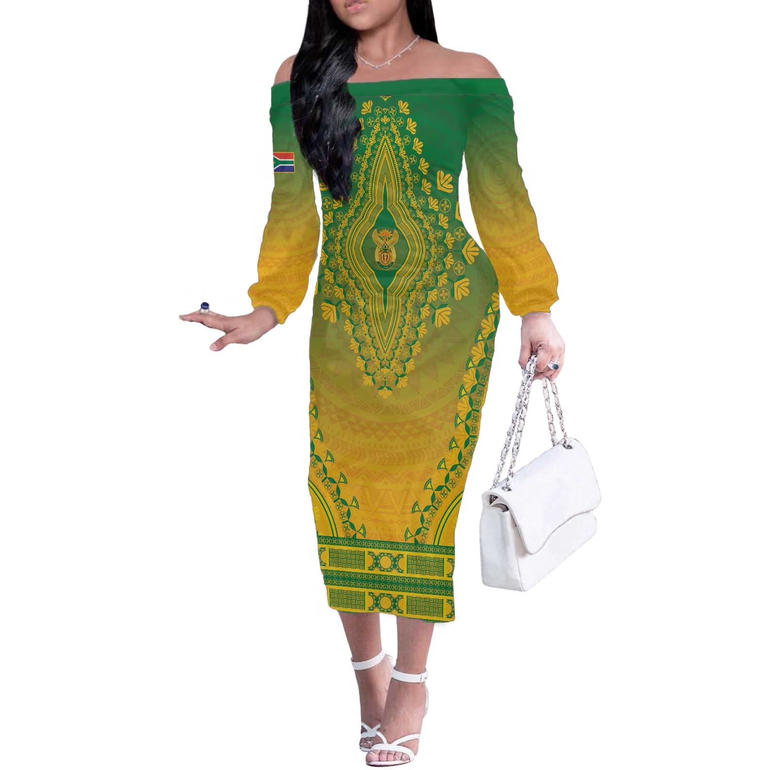Personalized South Africa African Dashiki Off The Shoulder Long Sleeve Dress - Wonder Print Shop