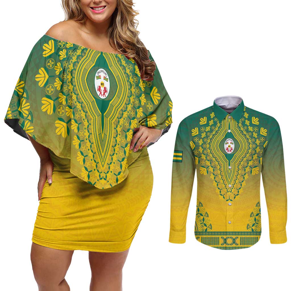 Personalized Togo African Dashiki Couples Matching Off Shoulder Short Dress and Long Sleeve Button Shirt - Wonder Print Shop