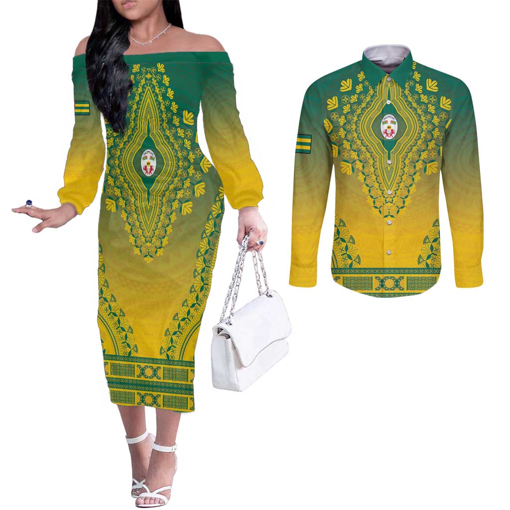 Personalized Togo African Dashiki Couples Matching Off The Shoulder Long Sleeve Dress and Long Sleeve Button Shirt - Wonder Print Shop