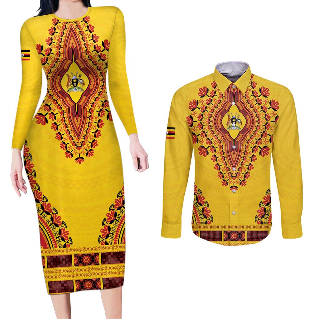 Personalized Uganda African Dashiki Couples Matching Long Sleeve Bodycon Dress and Long Sleeve Button Shirt - Wonder Print Shop