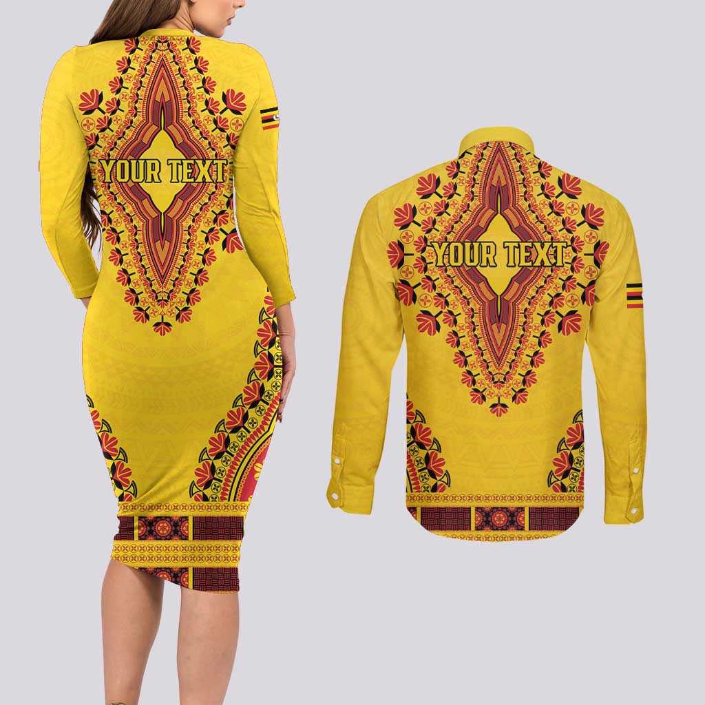 Personalized Uganda African Dashiki Couples Matching Long Sleeve Bodycon Dress and Long Sleeve Button Shirt - Wonder Print Shop