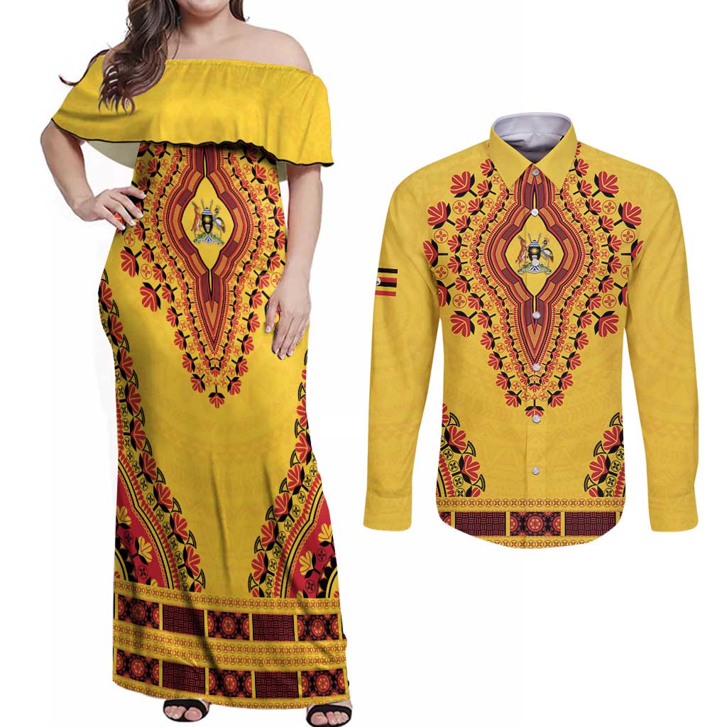 Personalized Uganda African Dashiki Couples Matching Off Shoulder Maxi Dress and Long Sleeve Button Shirt - Wonder Print Shop
