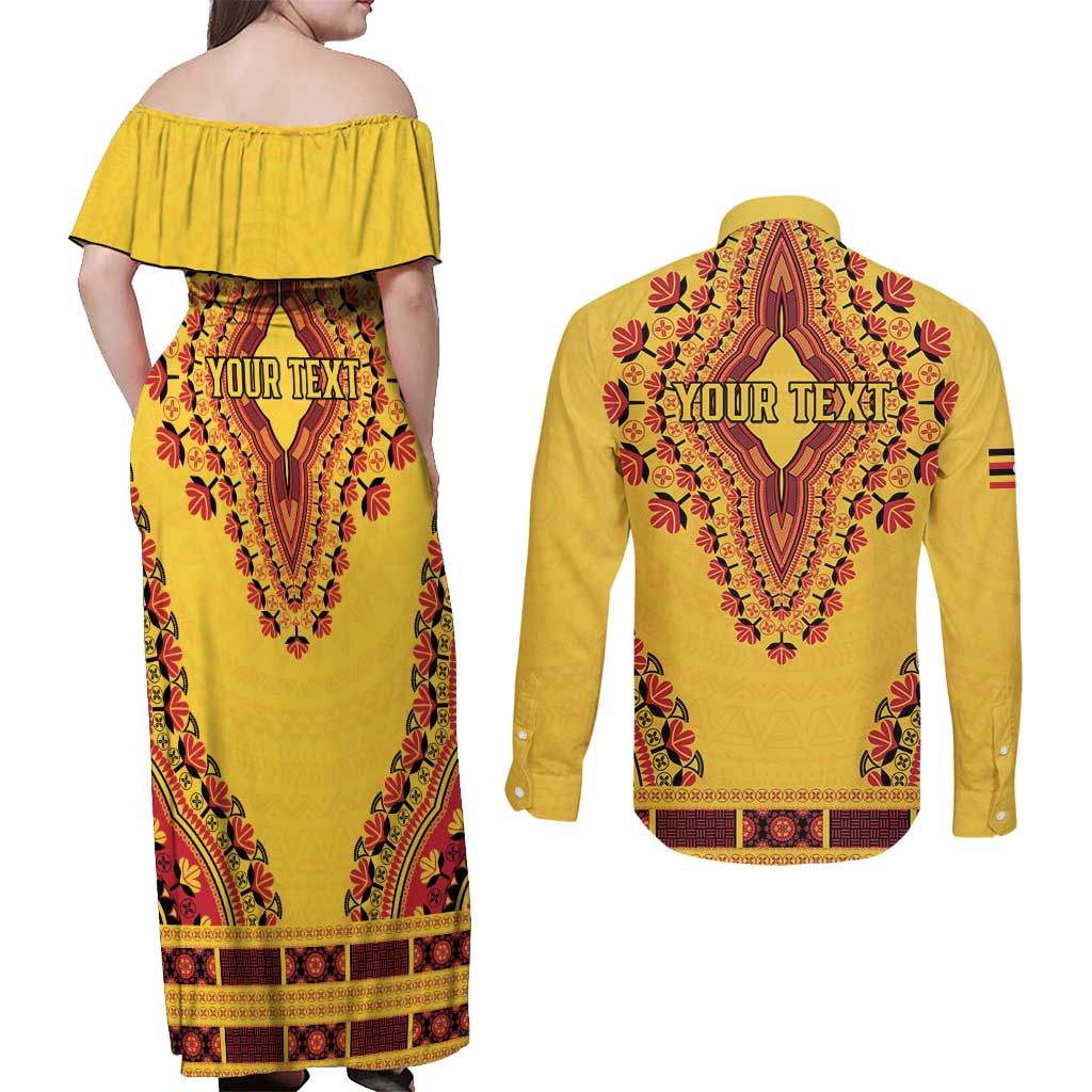 Personalized Uganda African Dashiki Couples Matching Off Shoulder Maxi Dress and Long Sleeve Button Shirt - Wonder Print Shop