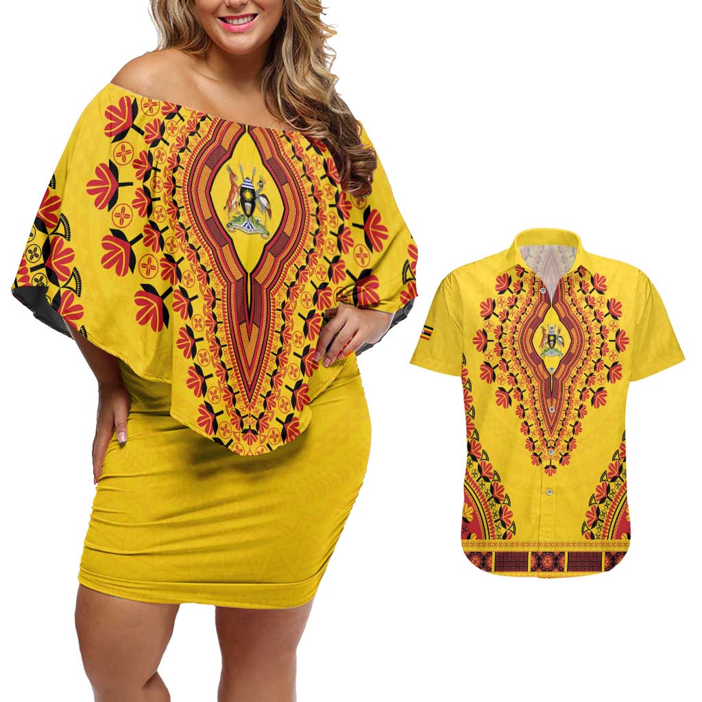 Personalized Uganda African Dashiki Couples Matching Off Shoulder Short Dress and Hawaiian Shirt - Wonder Print Shop