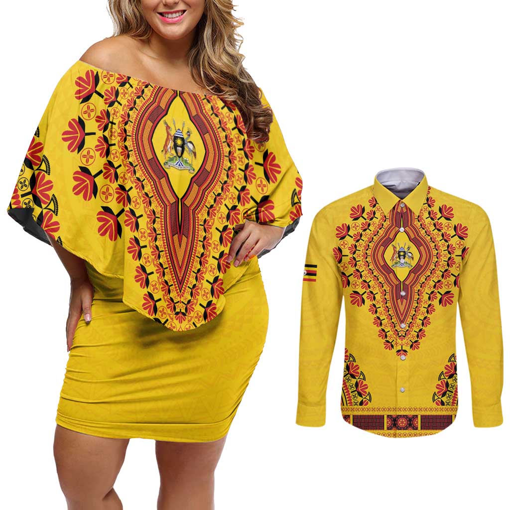 Personalized Uganda African Dashiki Couples Matching Off Shoulder Short Dress and Long Sleeve Button Shirt - Wonder Print Shop