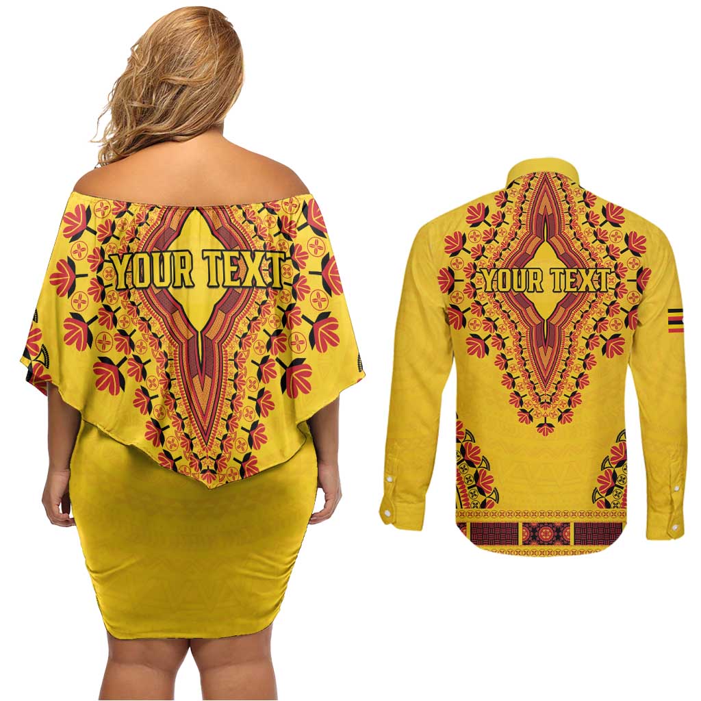 Personalized Uganda African Dashiki Couples Matching Off Shoulder Short Dress and Long Sleeve Button Shirt - Wonder Print Shop