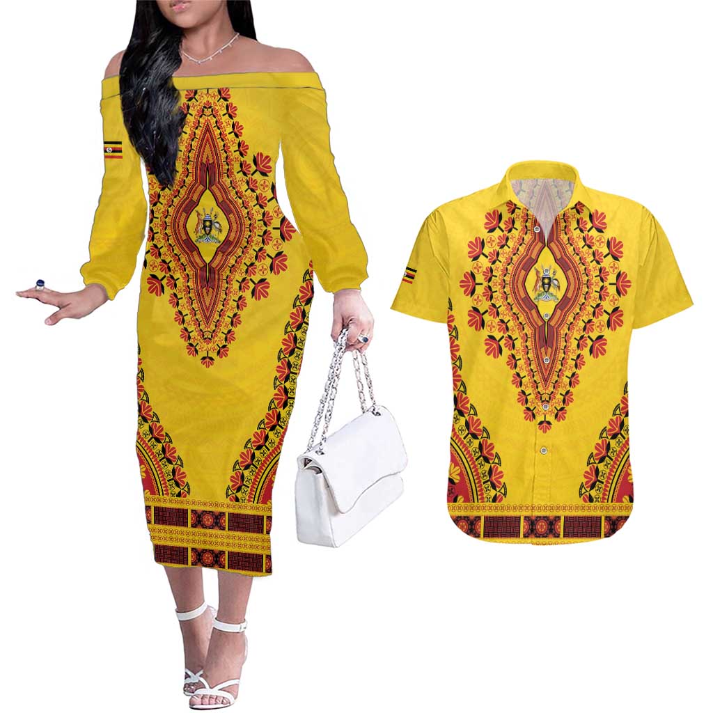 Personalized Uganda African Dashiki Couples Matching Off The Shoulder Long Sleeve Dress and Hawaiian Shirt - Wonder Print Shop