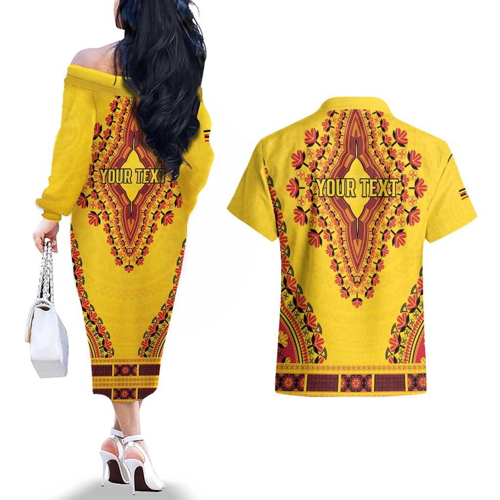Personalized Uganda African Dashiki Couples Matching Off The Shoulder Long Sleeve Dress and Hawaiian Shirt - Wonder Print Shop