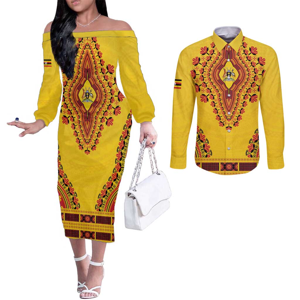 Personalized Uganda African Dashiki Couples Matching Off The Shoulder Long Sleeve Dress and Long Sleeve Button Shirt - Wonder Print Shop